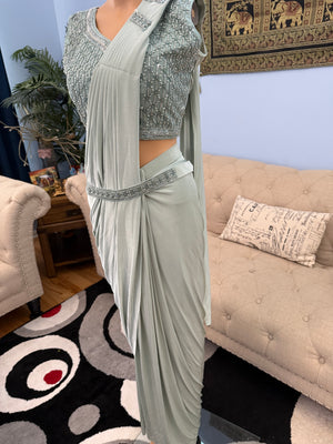 Readymade Pre-Stitched Saree, Ready to wear Sari  in Pista Green Shade  Indian Ethnic Sari, GRL - 1872
