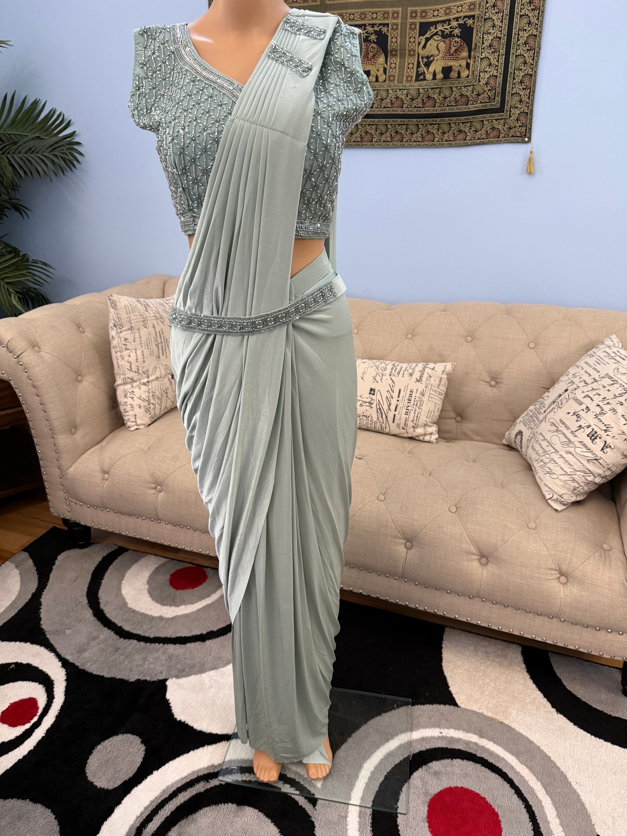 Readymade Pre-Stitched Saree, Ready to wear Sari  in Pista Green Shade  Indian Ethnic Sari, GRL - 1872