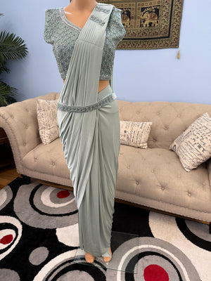 Readymade Pre-Stitched Saree, Ready to wear Sari  in Pista Green Shade  Indian Ethnic Sari, GRL - 1872