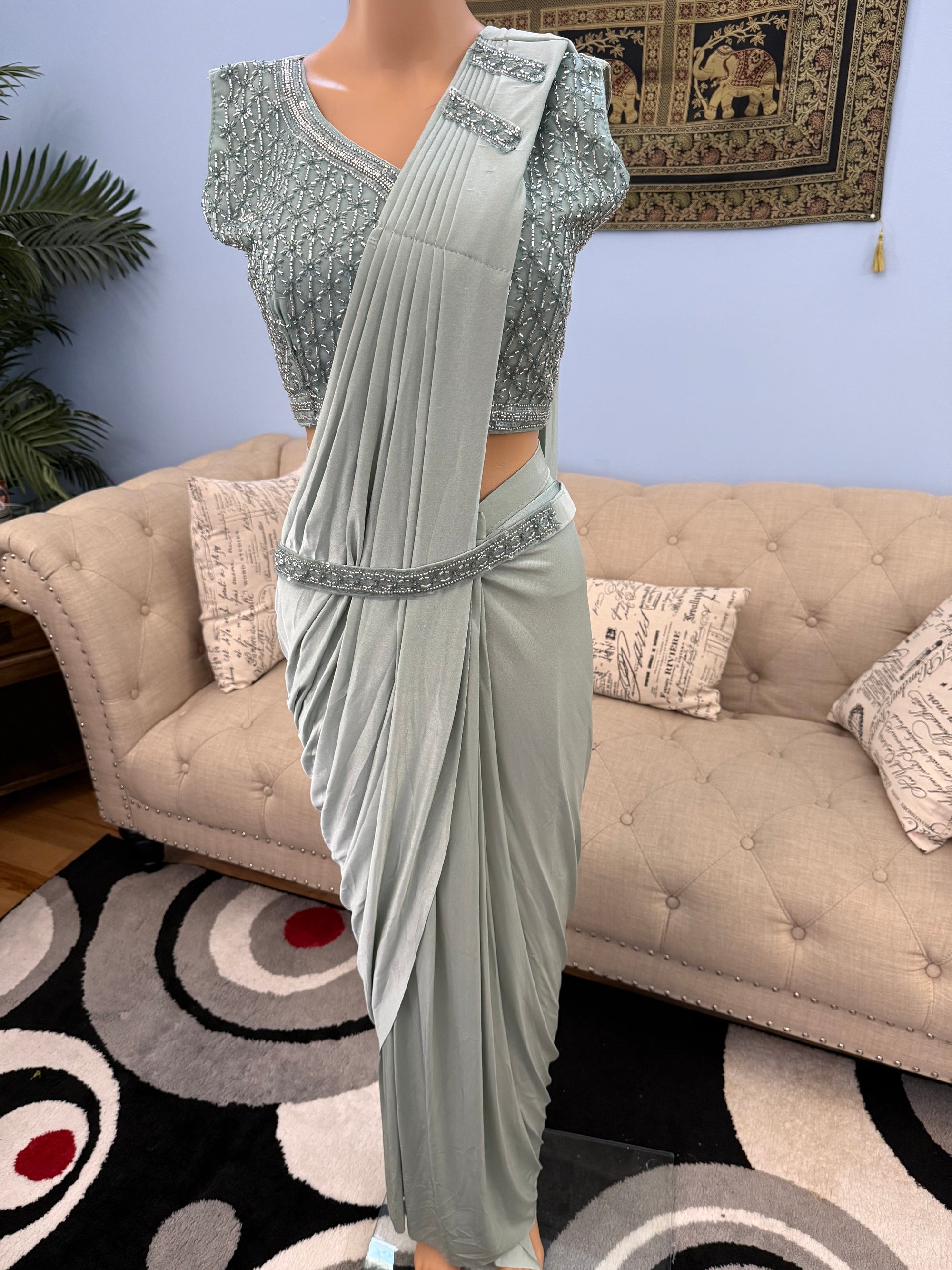 Readymade Pre-Stitched Saree, Ready to wear Sari  in Pista Green Shade  Indian Ethnic Sari, GRL - 1872
