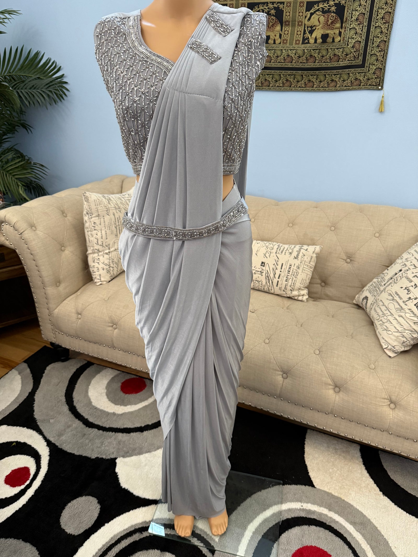 Readymade Pre-Stitched Saree, Ready to wear Sari  in Light Gray Shade  Indian Ethnic Sari, GRL - 1873