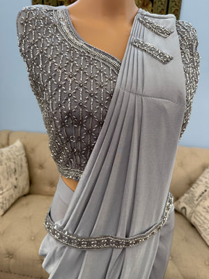 Readymade Pre-Stitched Saree, Ready to wear Sari  in Light Gray Shade  Indian Ethnic Sari, GRL - 1873