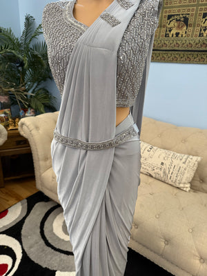 Readymade Pre-Stitched Saree, Ready to wear Sari  in Light Gray Shade  Indian Ethnic Sari, GRL - 1873