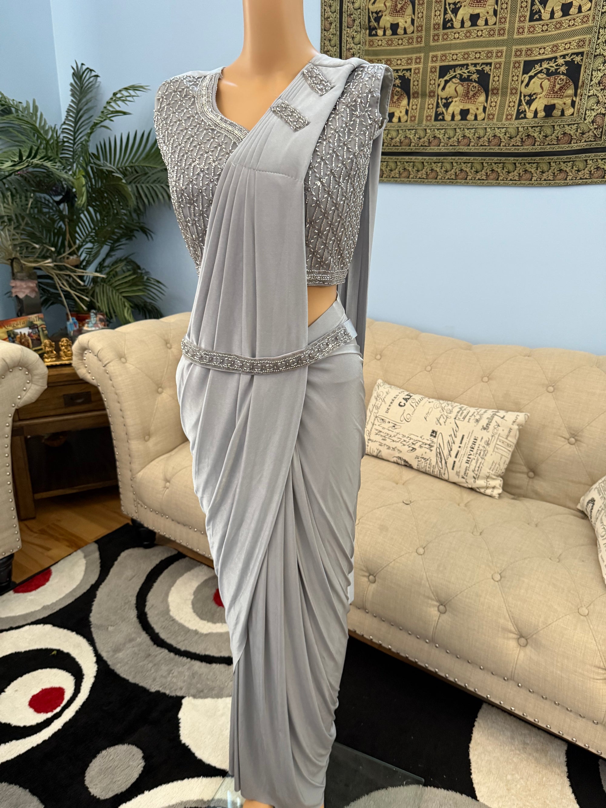Readymade Pre-Stitched Saree, Ready to wear Sari  in Light Gray Shade  Indian Ethnic Sari, GRL - 1873