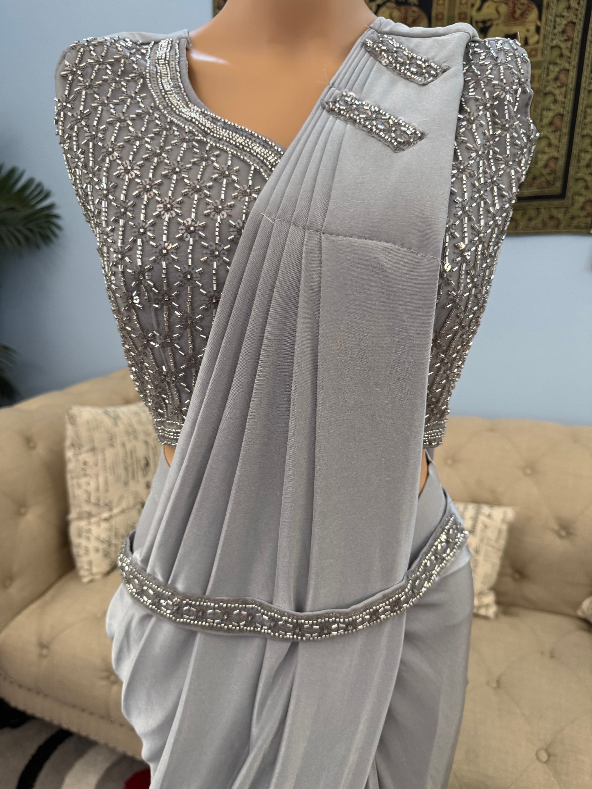 Readymade Pre-Stitched Saree, Ready to wear Sari  in Light Gray Shade  Indian Ethnic Sari, GRL - 1873