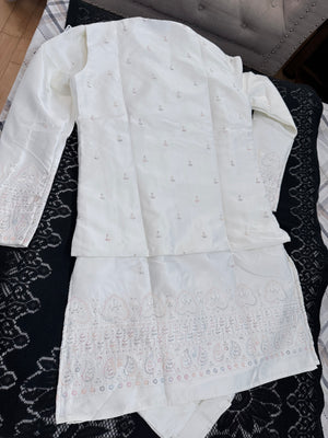 Elegant Men’s 3-Piece Kurta Pajama with Embroidered Sequins Jacket, Ivory Cream Satin Silk Blend Ethnic Wear for Wedding & Festive, KPJ-3062