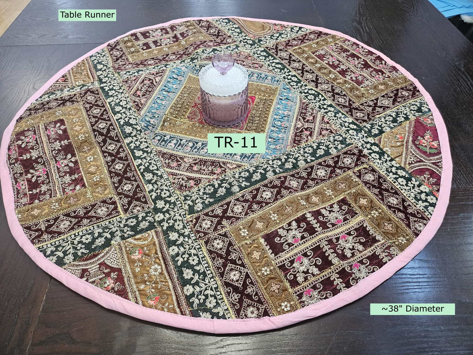 Round Table Runner: Embroidered Indian Tapestry, Embroidered Dining Table Tapestry, ~38" Diameter , TR-1886