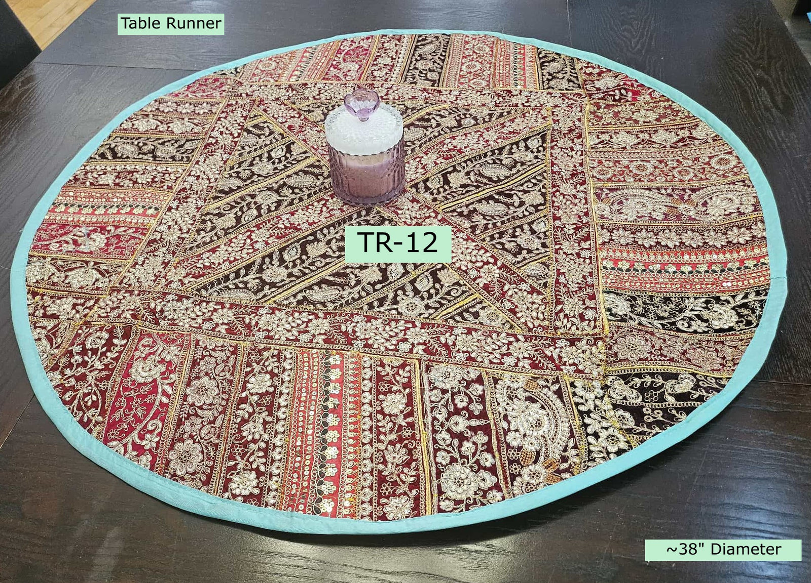 Round Table Runner: Embroidered Indian Tapestry, Embroidered Dining Table Tapestry, ~38" Diameter , TR-1886