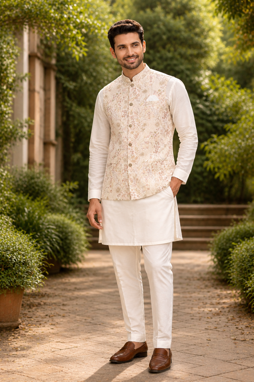 Plus Size, Elegant 3 Piece Cream Kurta Pajama with Jacket  Embroidered Set for Man, Cotton Silk, Indian Wedding Partywear, DM - 1885