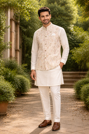 Plus Size, Elegant 3 Piece Cream Kurta Pajama with Jacket  Embroidered Set for Man, Cotton Silk, Indian Wedding Partywear, DM - 1885