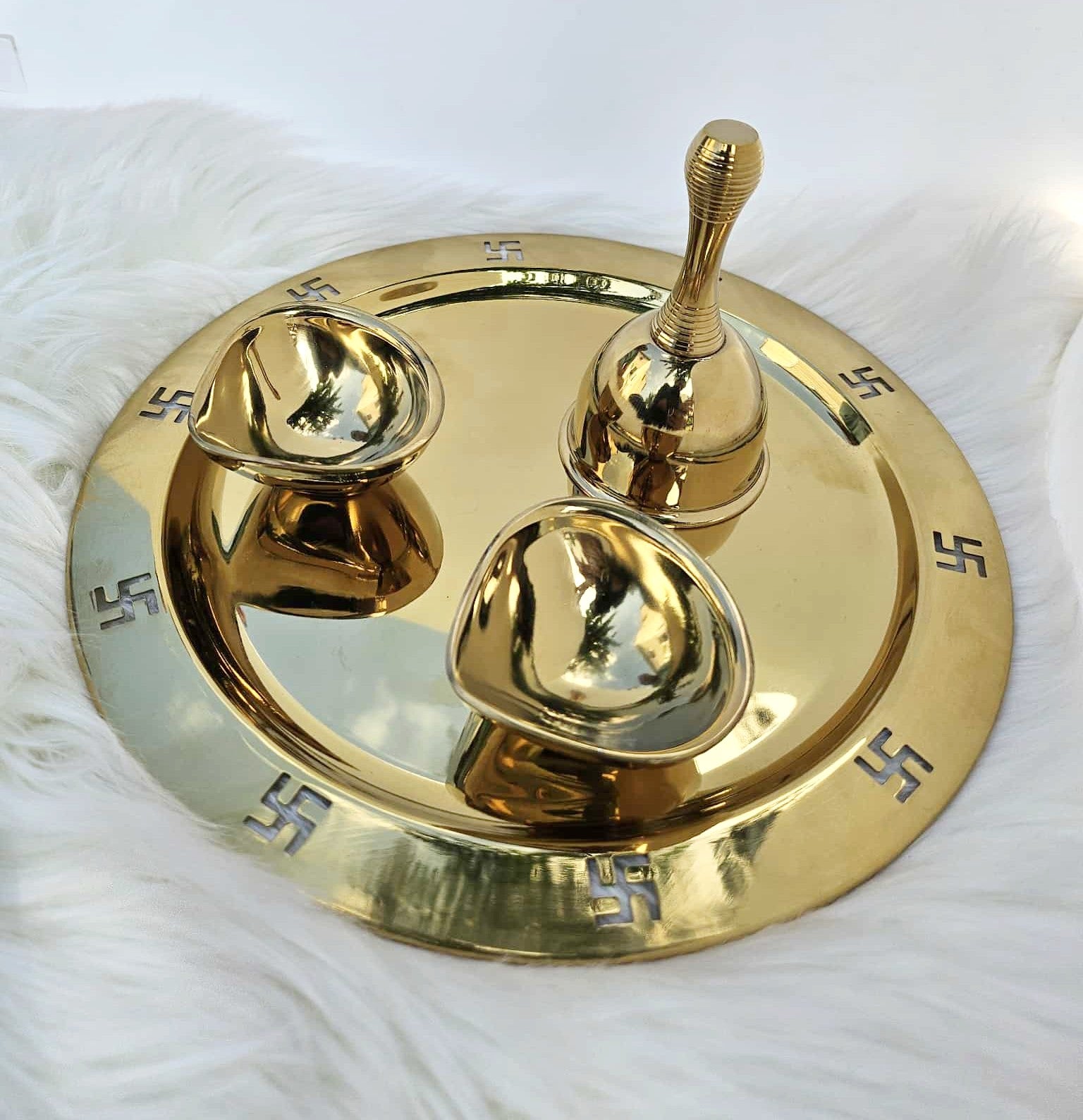 Quality Stainless Steel Festive Diya or Pooja Thali or Bell, PVD Gold Coating Items, GP - 1887