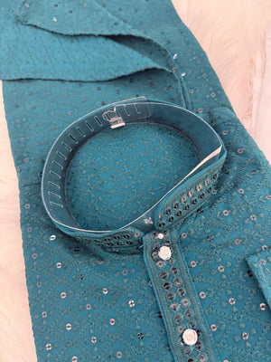 Teal Shade Chikankari Embroidery with Sequins 2 Piece Viscose Rayon Kurta Pajama Set, Indian Partywear Kurta SetKP-1979