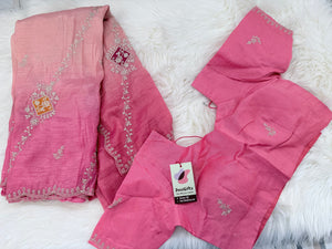 Soft Silk Blend Saree with Floral Embroidery, Ombre Effect | Stitched Blouse Included | Fall & Pico Done | Wedding, Festive & Party Wear, S- 3082