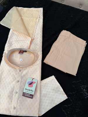 Soft Cream with Subtle Gold Motifs Kurta with Beige Trouser, 2 Piece Jacquard Silk Kurta Pajama Set, Man -2046