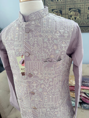 Men’s Pastel Purple 3-Piece Kurta Pajama with Heavy Embroidered Jacket, Wedding & Festive Ethnic Wear, KPJ-3079