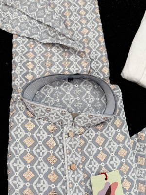 Gray Shade Men's Kurta Pajama set with Embroidery and Sequins. Two-piece Indian traditional outfit., KP - 2026