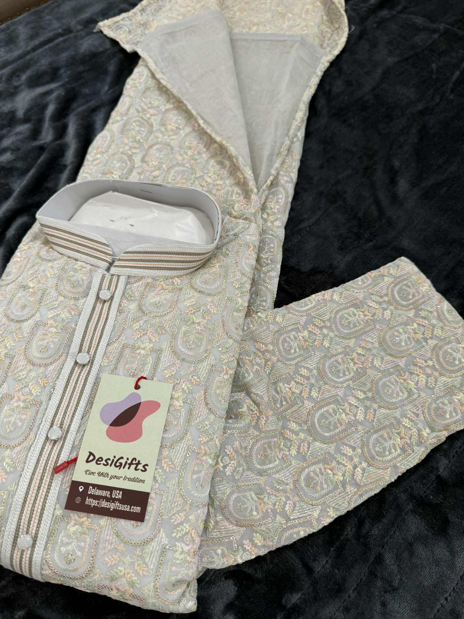 Cream with Pastel Shades Chikankari Embroidered Georgette 2 Piece Kurta Pajama Set, Indian Party Wear Kura, KP-1901
