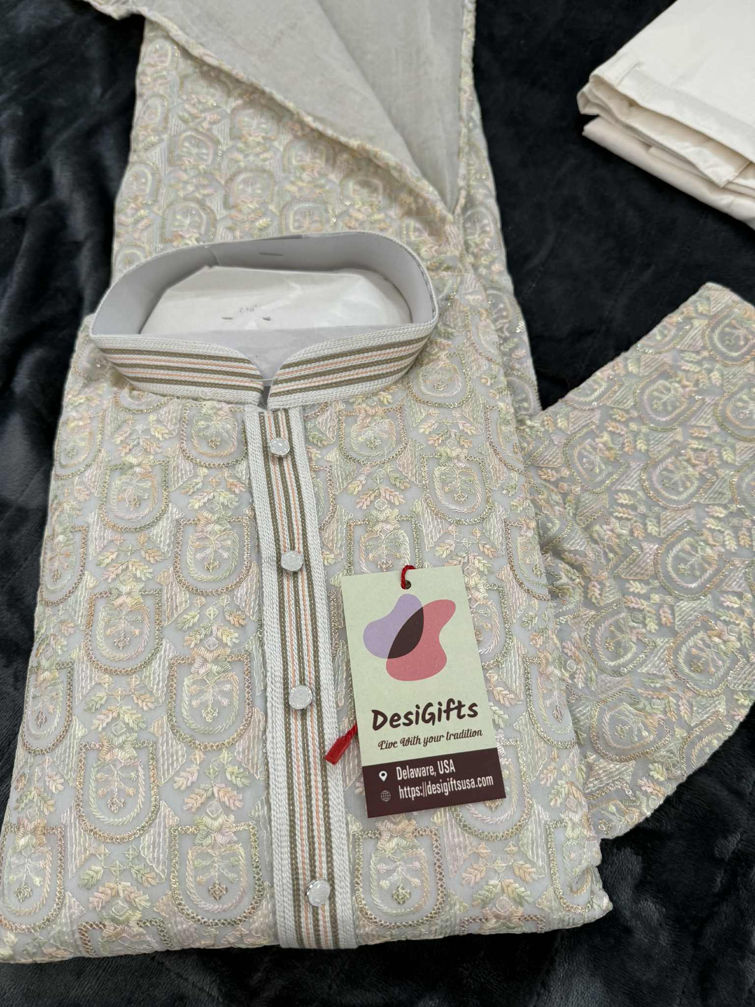 Cream with Pastel Shades Chikankari Embroidered Georgette 2 Piece Kurta Pajama Set, Indian Party Wear Kura, KP-1901