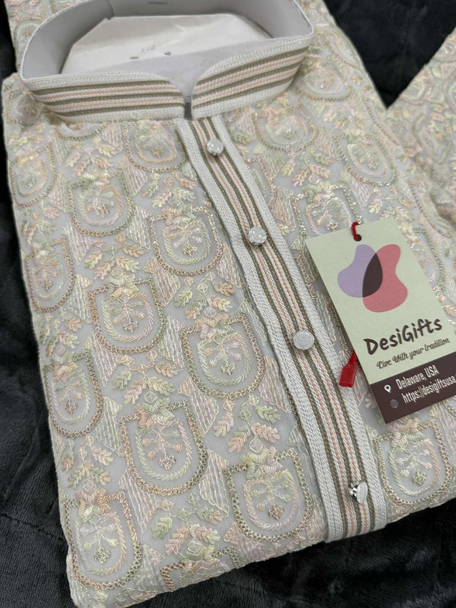 Cream with Pastel Shades Chikankari Embroidered Georgette 2 Piece Kurta Pajama Set, Indian Party Wear Kura, KP-1901