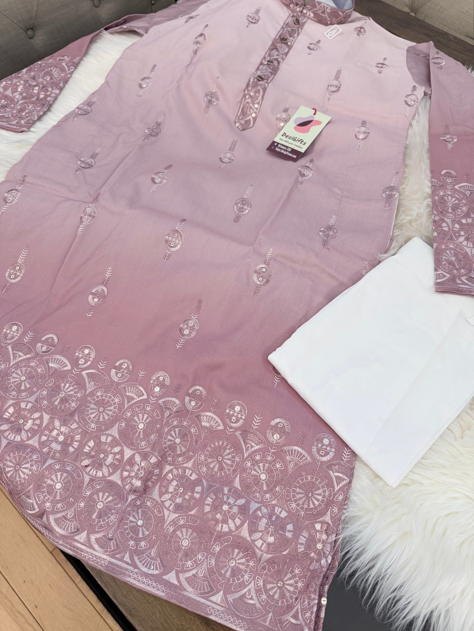 Men’s Dusty Rose Ombré Embroidered Kurta Pajama Set | Mauve Pink Indian Wedding Outfit with Trouser Pants | KP-4066