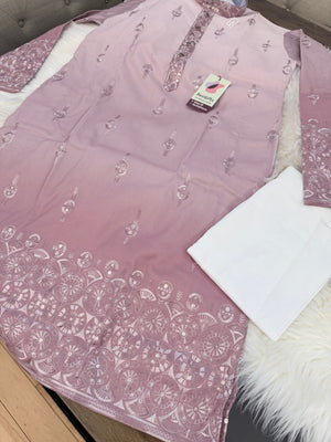 Men’s Dusty Rose Ombré Embroidered Kurta Pajama Set | Mauve Pink Indian Wedding Outfit with Trouser Pants | KP-4066
