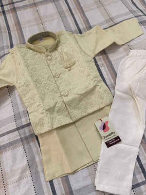 Pista Green Shade 3 Piece Boy's Cotton  Silk Ethnic Kurta with Jacket and Pajama- Design B-2027
