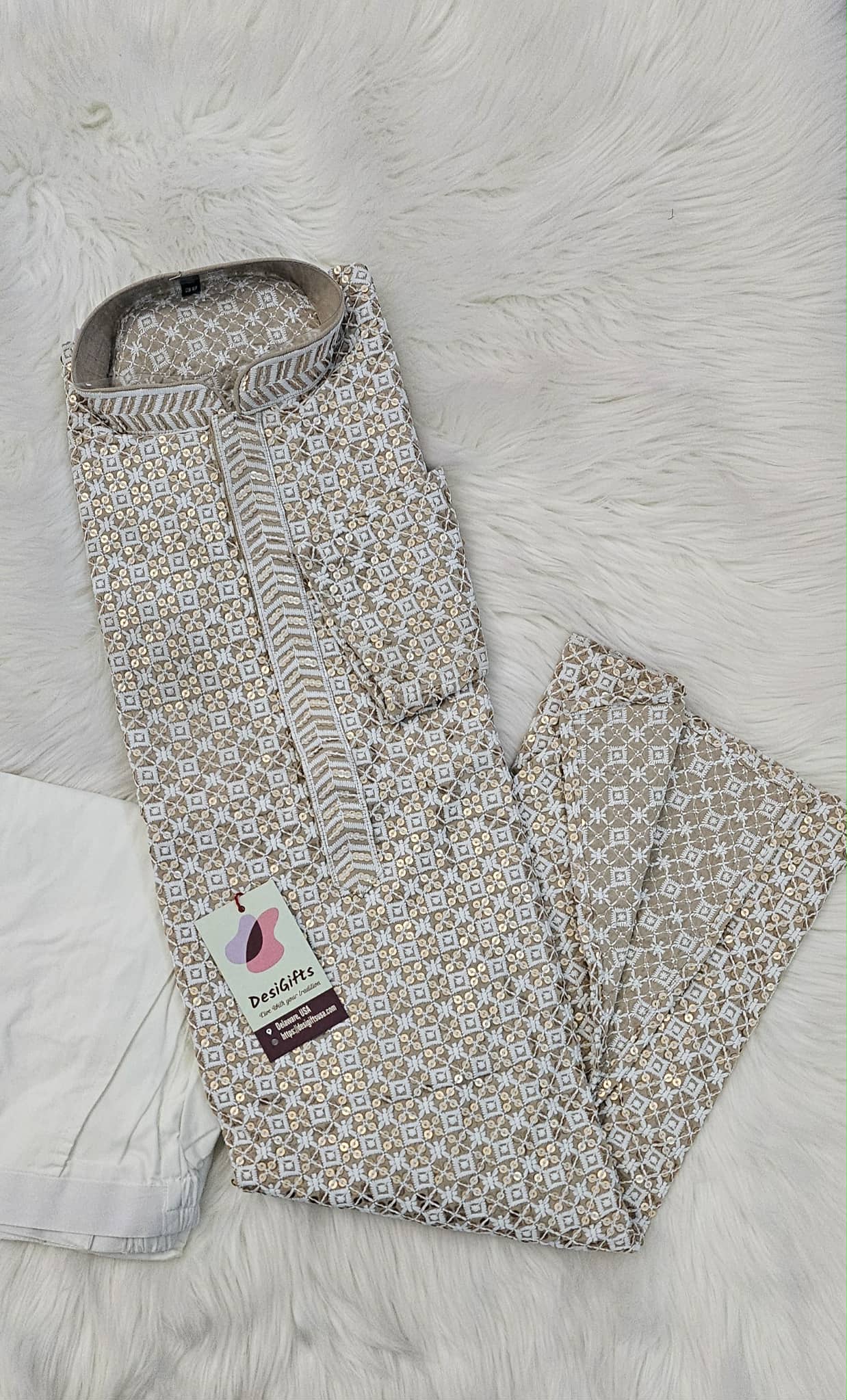 Beige Shade Men's kurta pajama set with embroidery and sequins. Two-piece Indian traditional outfit for special occasions., KP - 1937