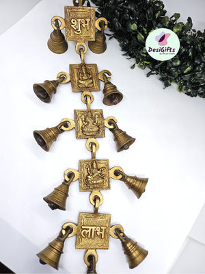 Brass Door Bell With Ganesh-Lakshmi, Sarasvati and Subh Labh, ~ 19" Long, LGBB#196