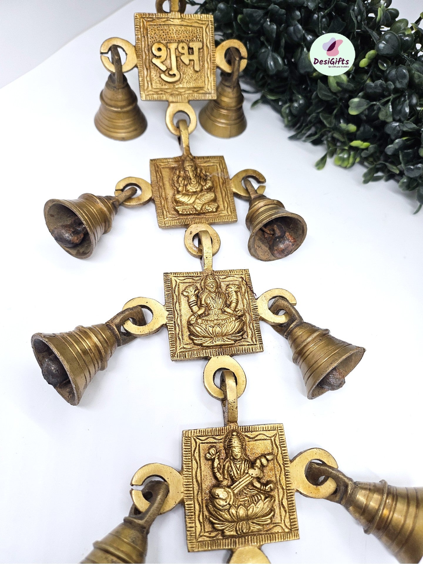 Brass Door Bell With Ganesh-Lakshmi, Sarasvati and Subh Labh, ~ 19" Long, LGBB#196