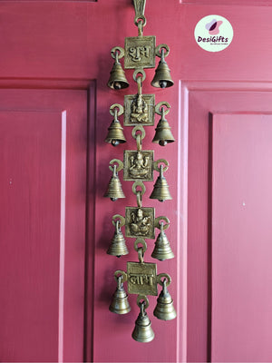 Brass Door Bell With Ganesh-Lakshmi, Sarasvati and Subh Labh, ~ 19" Long, LGBB#196