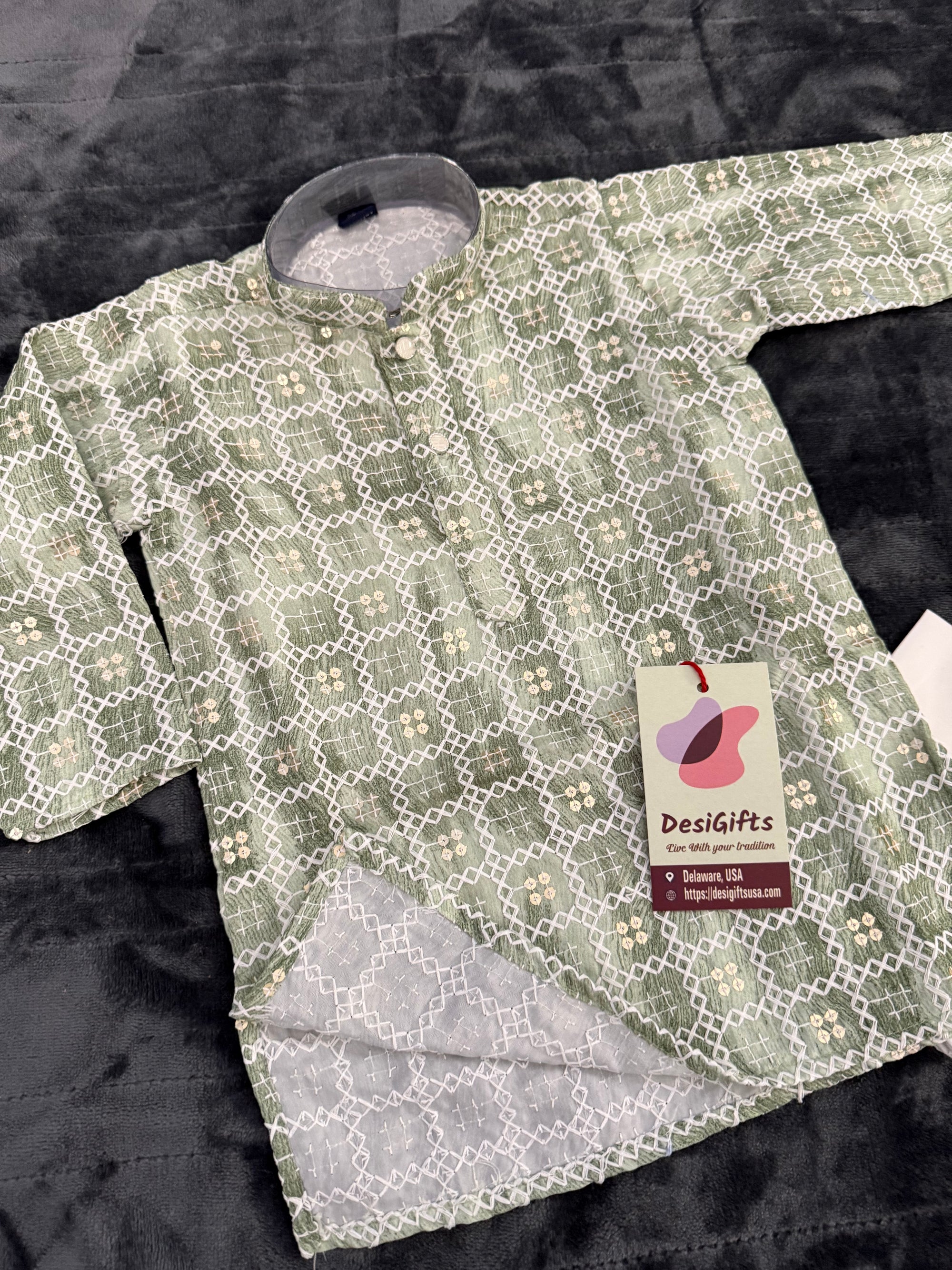 Green Shade Boy's Soft Cotton Silk Self Design with Sequins Kurta Pajama - Design BOY-1916