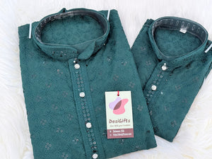 Men & Boys Green Rayon Chikankari with Sequins Kurta Pajama Set | Matching Father Son Festive Outfit with Sequin Work, DM -2078