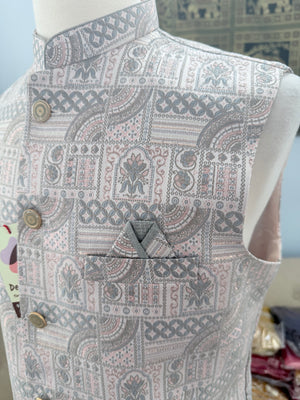 Men’s Light Blush Pink with Gray Woven Design Brocade Nehru Jacket – Indian Wedding Waistcoat, Festive Ethnic Modi Jacket, J-3076