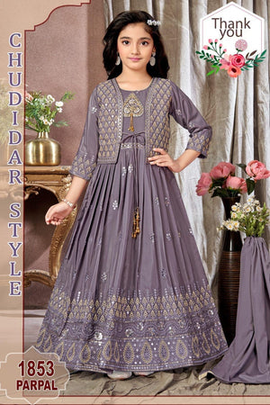 Classic Pastel Purple Dress with Jacket & Dupatta Set for Girl, Indian traditional Girl Dress, GRL - 1946