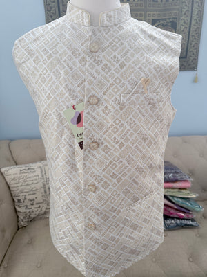 Men’s Light Beige Brocade Nehru Jacket – Blended Silk Indian Sadri, Festive Wedding Waistcoat, Ethnic Modi Jacket, J-3075