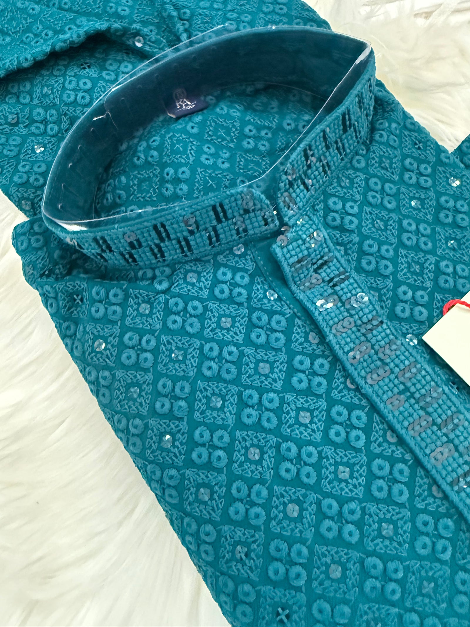 Pre-Teen and Teen Boy's Chikankari Embroidered Rayon Kurta Pajama with Sequins , Teal Blue Shade, - BOY-1913