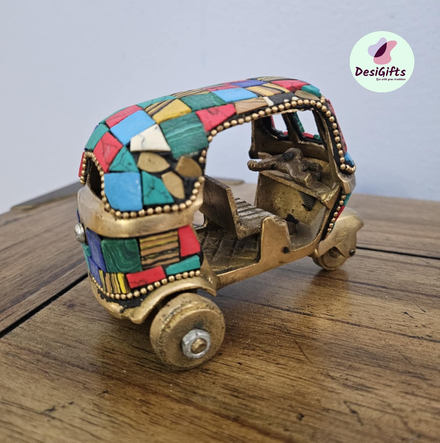 4" Auto Rickshaw in Brass with Stonework, Brass Decorative Auto Showpiece Gift, Auto- 1472