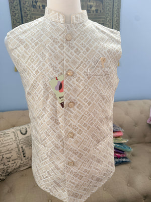 Men’s Light Beige Brocade Nehru Jacket – Blended Silk Indian Sadri, Festive Wedding Waistcoat, Ethnic Modi Jacket, J-3075