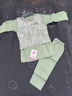 Boys Green Kurta Set with Embroidered Jacket and Pajama – Festive Ethnic Wear,- Design B-2028
