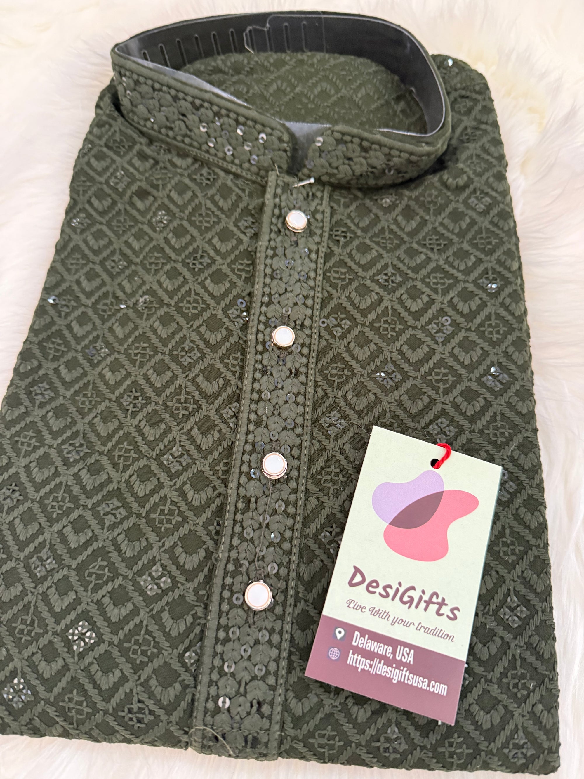 Shirt-Style Henna Green Chikankari Short Kurta with Sequins – Ethnic Casual Kurta-Design SK - 1932