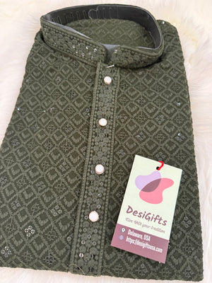 Shirt-Style Henna Green Chikankari Short Kurta with Sequins – Ethnic Casual Kurta-Design SK - 1932