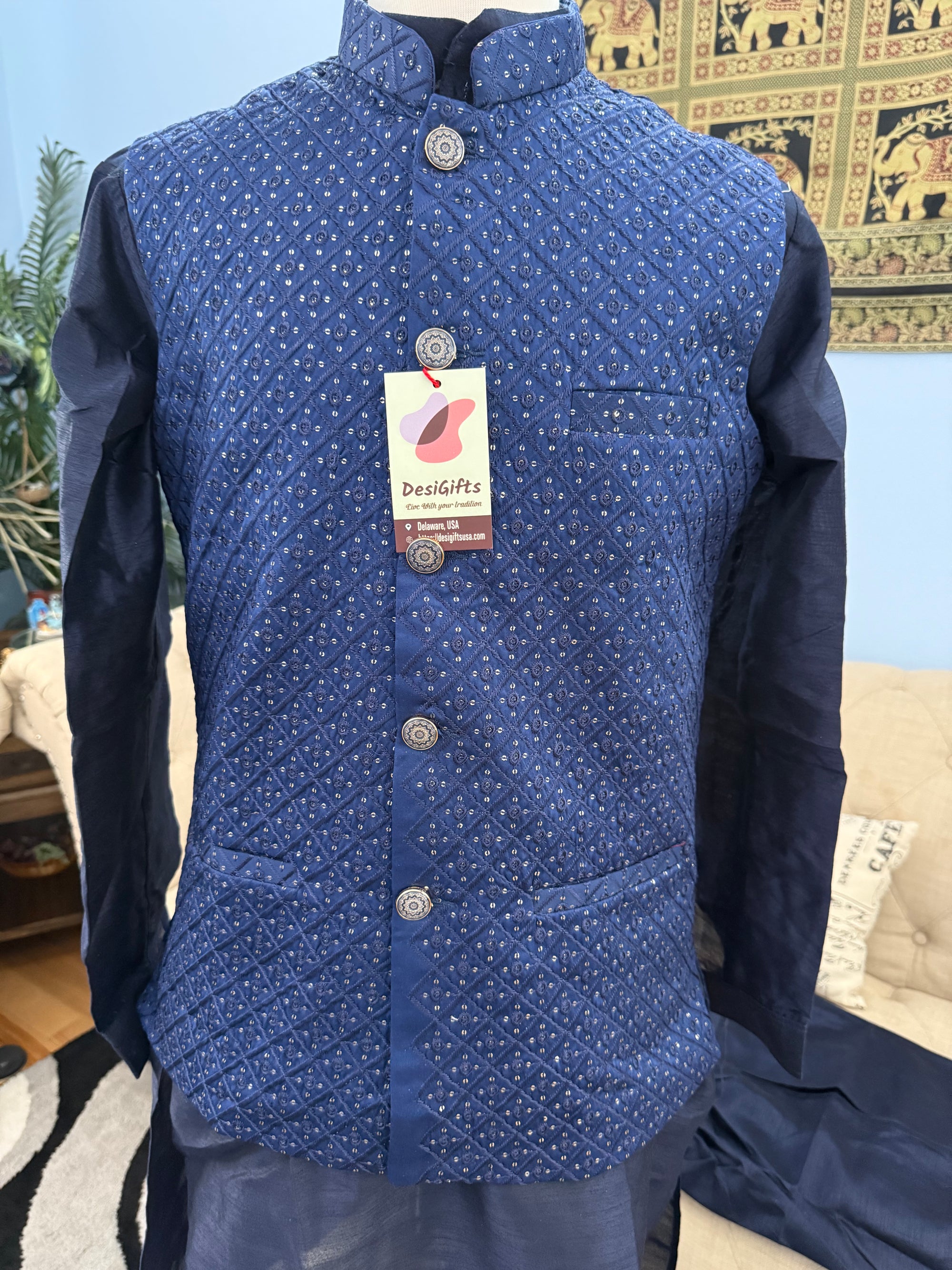 Admiral Blue Shade 3 Piece Kurta Pajama, Pant Style, with Embroidered Sequins Jacket Set-Silk Fabric, JKP- 1923