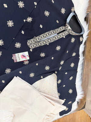Men’s Navy Blue Shade Embroidered Kurta Pajama Set | Open Neck Kurta with Ivory Trouser Pants | Indian Wedding & Festive Wear, KP-4070