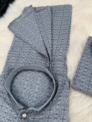 Gray Chikankari Rayon with Sequins 2 Piece Kurta Pajama Set, Father or Son's Outfit, DM -1981