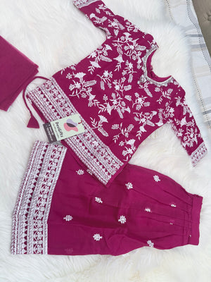 Girls’ Deep Pink Tunic Kurti Sharara Set with Embroidery Work – Festive Ethnic Wear, GRL-2095