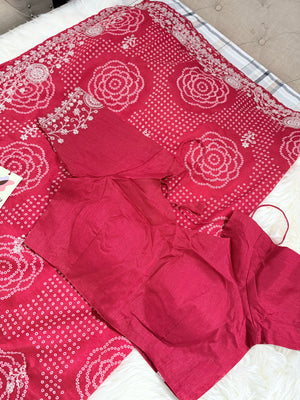 Women’s Deep Rani Pink Bandhani Style Saree with Silver Embroidery & Stitched Blouse, Festive Wedding Indian Saree, S- 3096
