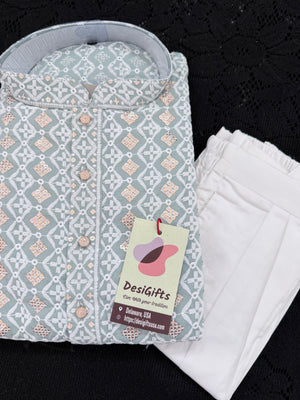 Light Teal Shade Men's Kurta Pajama set with Embroidery and Sequins. Two-piece Indian traditional outfit., KP - 2028