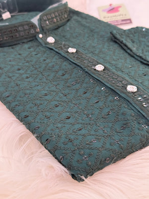 Green Shade Chikankari Embroidery with Sequins 2 Piece Viscose Rayon Kurta Pajama Set, Indian Partywear Kurta SetKP-1978