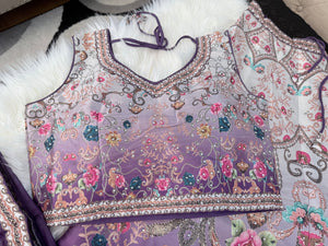 Women’s Purple to Cream Ombré Lehenga Choli Set – Digital Floral Print, Mirror-Style Sequin Work, Faux Georgette Dupatta, Indian Wedding Festive Wear, LHG - 4005