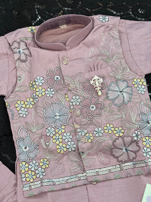 Onion PInk Shade 4 Piece Boy's Cotton  Silk Ethnic Kurta with Jacket, Dhoti and Pajama- Design B-2026